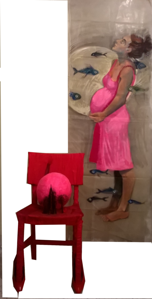 230X100X50, Acrylics, chair, cloths, paper, wire